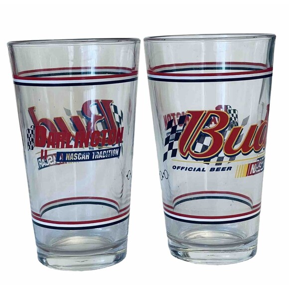 2 Beer  Glasses Pint 16oz BUD NASCAR Tradition Darlington Raceway Marked L19 - Picture 1 of 5